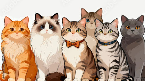 A collection of various cute cats, with cartoon hand-drawn vector illustrations