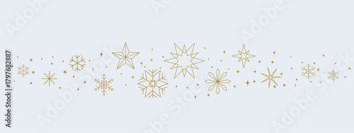 Golden winter border with snowflakes and star ornaments, elegant festive divider for Christmas and New Year holiday design, decorative seasonal line illustration