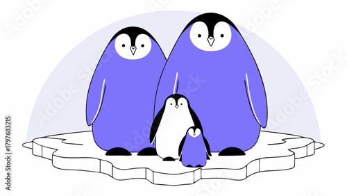 Cartoon illustration of a penguin family standing on an ice floe with a light purple background arc shape