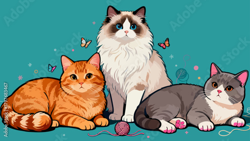 A collection of various cute cats, with cartoon hand-drawn vector illustrations