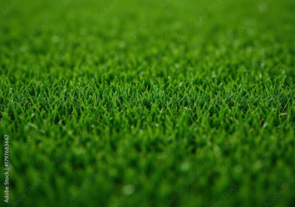 Obraz premium A macro view showcasing the perfect texture of newly mowed, vibrant green turf, ideal for background use or depicting outdoor growth, surface, covering, lawn