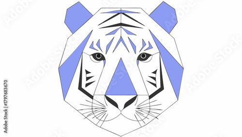 Geometric tiger head illustration with blue and white facets and black line details design art