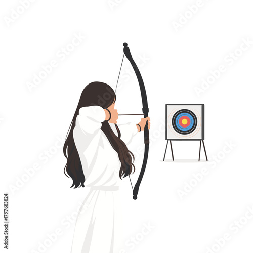 Woman Practicing Archery Aiming at Target,
