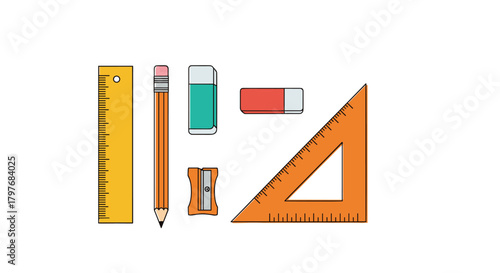 A collection of colorful essential school supplies including a ruler, pencil, erasers, sharpener, and a set square, isolated on a white background.