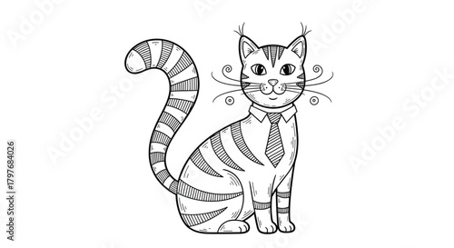 A charming black and white cartoon cat illustration featuring a striped tabby wearing a collar and a formal necktie.
