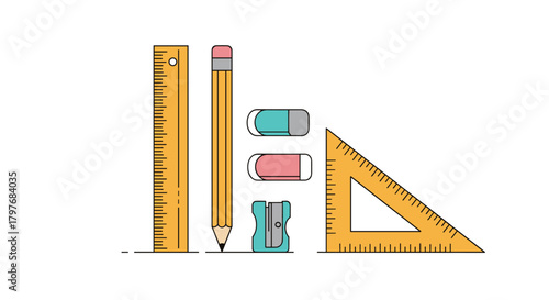 A vibrant collection of essential school and office stationery, including a ruler, pencil, erasers, a sharpener, and a set square.
