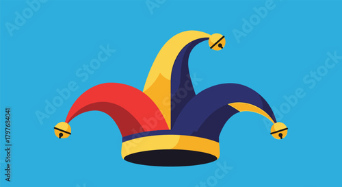 Colorful jester's hat with red, yellow, and blue sections, topped with golden bells, suggesting themes of merriment and festivity.