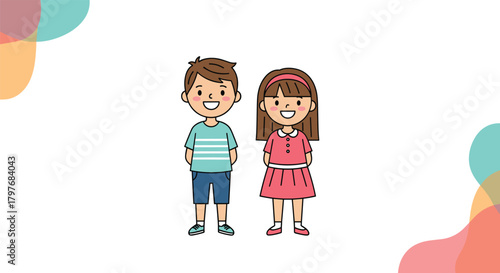 Happy cartoon boy and girl standing together, smiling cheerfully, against a clean white background with abstract colorful accents.
