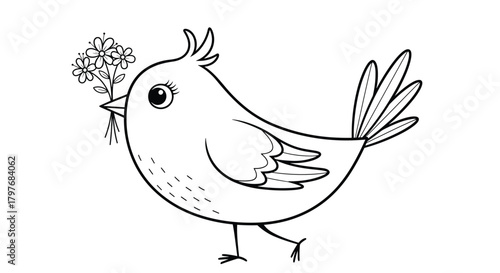 A friendly cartoon bird with a cute crest walks along, holding a small bouquet of flowers in its beak, in black and white line art.