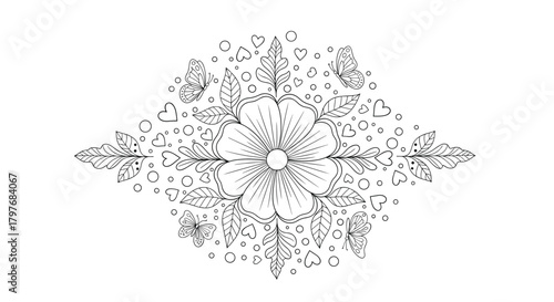 Elegant coloring page design featuring a stylized flower at the center, adorned with delicate leaves, fluttering butterflies, and a scattering of hearts and circles.