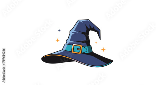 A charming dark blue witch hat with a teal band and golden buckle, adorned with magical sparkles, ideal for fantasy and Halloween themes.