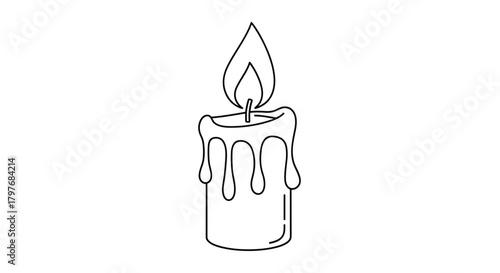 Simple line art drawing of a lit candle with dripping wax, symbolizing warmth, remembrance, celebration, or spirituality.