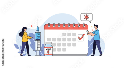 People scheduling and preparing for a vaccination appointment, represented by a calendar, syringe, and virus vial, for health protection.
