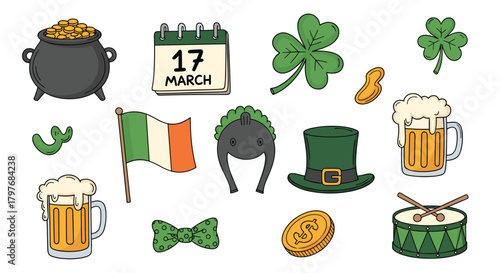 Festive St. Patrick's Day illustration set featuring traditional Irish symbols like shamrocks, a pot of gold, green hats, and beer mugs.