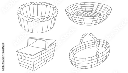 Basket outline vector drawing set for coloring and design use