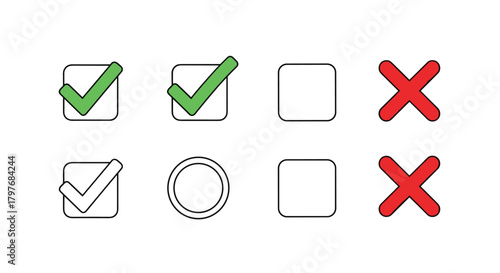 Set of user interface elements including green checkmarks, red crosses, empty checkboxes, and radio buttons.