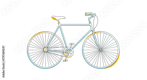 A light blue and yellow minimalist line art illustration of a classic bicycle, representing leisure, eco-friendly transport, and urban cycling.