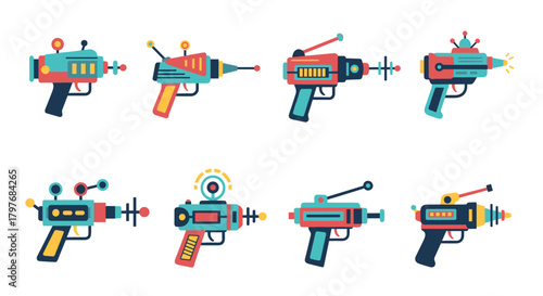 A vibrant collection of retro-futuristic ray gun illustrations in various classic designs, evoking vintage sci-fi aesthetics.