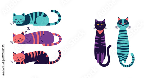 A collection of cute stylized cats in various poses and vibrant colors, including sleeping and standing felines with striped patterns.