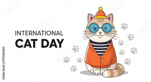 Cute cartoon cat in an orange hat and blue glasses, celebrating International Cat Day with paw prints on a white background.