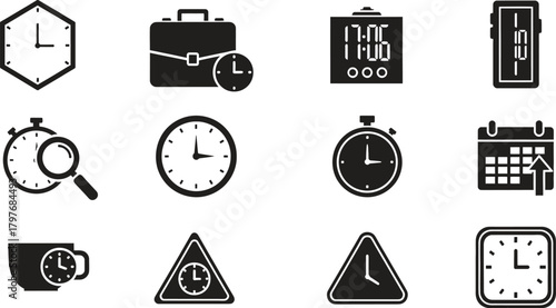 Time Management Icon Set in Black and White Style for Business
