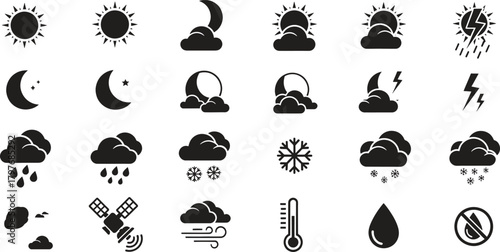 Weather Forecast Symbols Set in Black and White Detailed Illustration
