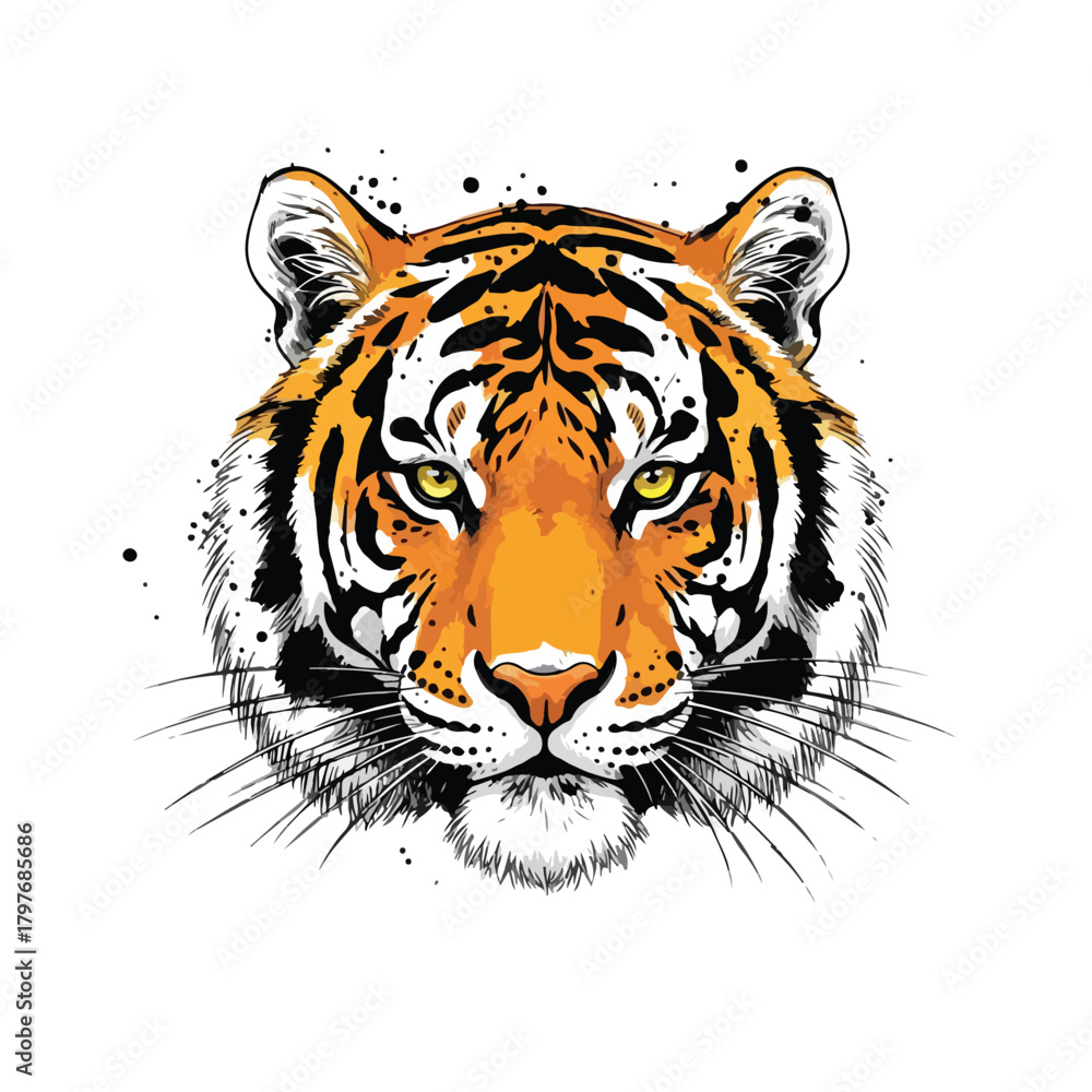 Naklejka premium Sketch of tiger face with black splash and splatters. Stylized illustration of a tiger s face on a white background. The tiger s fur showcases vibrant orange and black stripes.