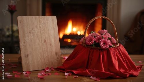 Romantic fireplace setting for Valentine's Day at home with a wooden board and empty area for personalized decoration, featuring a red satin basket cover and cozy atmosphere.