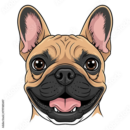 Happy Fawn French Bulldog Head Cartoon Portrait Illustration.