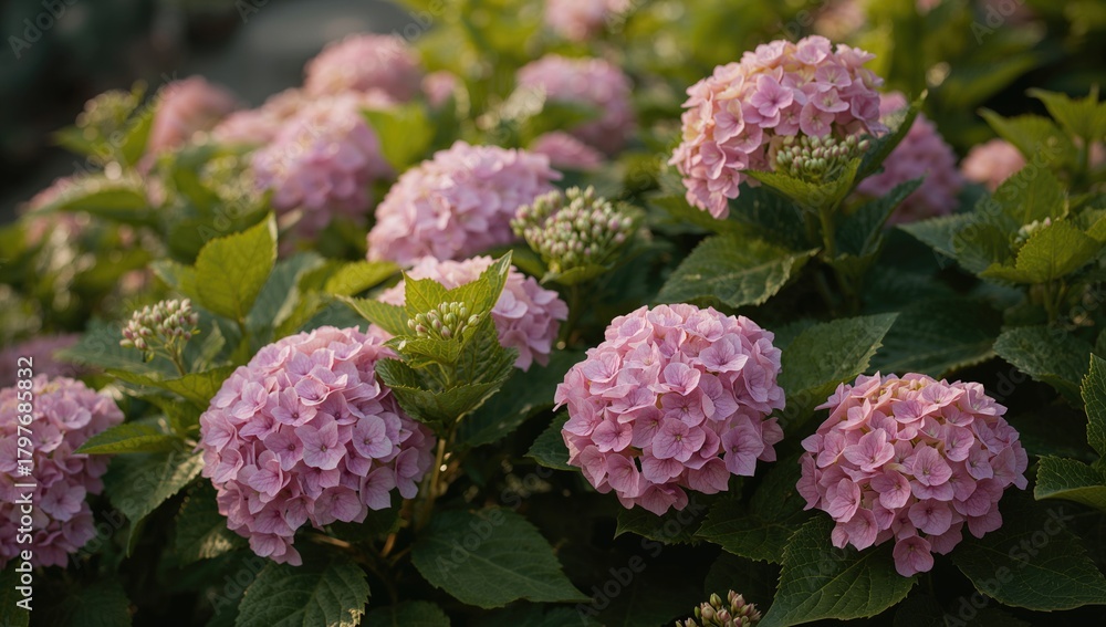 Fototapeta premium Vibrant pink hydrangea blossoms surrounded by lush green foliage create a stunning floral display.