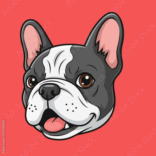 Adorable black and white French Bulldog head illustration.
