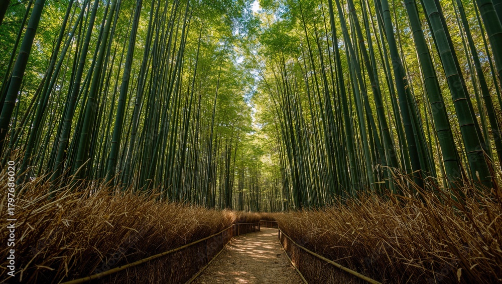 Fototapeta premium Take a scenic stroll through the lush green Bamboo Forest, emphasizing tranquility and nature