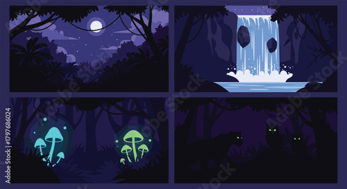 Enchanting collection of four jungle night scenes with a full moon, magical waterfall, glowing mushrooms, and wild animal silhouettes.