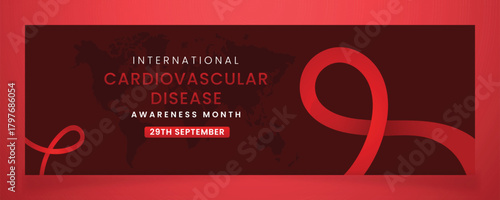 International Cardiovascular Disease Awareness Month: Red Ribbon Banner with World Map on a Rich Red Background