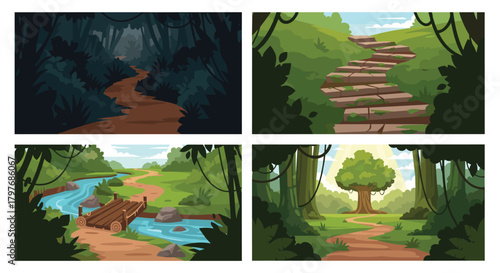 Vibrant cartoon jungle landscapes collection, showing a dark winding path, ancient steps, a river bridge, and a majestic sunlit tree.