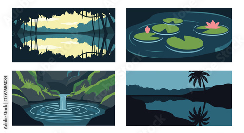 Set of four tranquil pixel art scenes of ponds and lakes, including water lilies, a small waterfall, and jungle reflections at dusk.