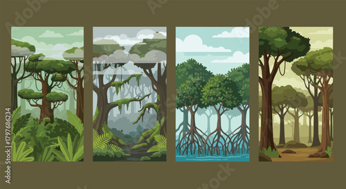 Vertical illustrations of diverse jungle and forest biomes, including misty rainforests, mangrove swamps, and lush tropical woodlands.
