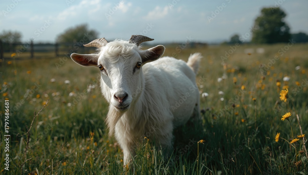 Obraz premium Image of a distressed shaggy white goat wandering through a farmer's field, reflecting on the challenges of livestock husbandry
