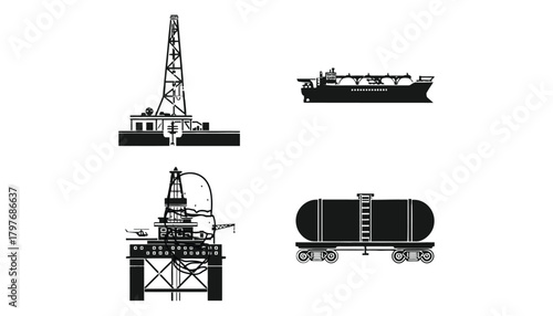 Oil and gas industry vector icons drilling rig and tanker ship