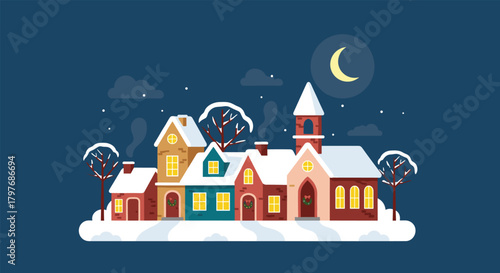 Cozy winter Christmas village scene at night with snow-covered houses, a church, smoking chimneys, and a crescent moon in the sky.