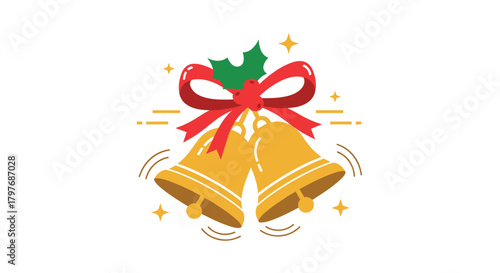 Two golden jingle bells tied together with a red ribbon and a sprig of holly, ringing with sparkles to celebrate the Christmas season.