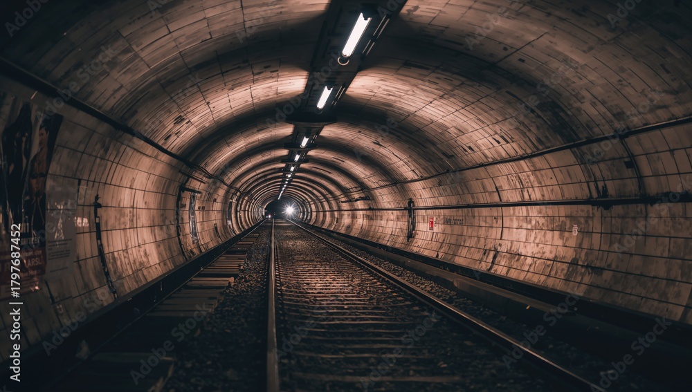 Obraz premium Underground tunnel featuring illuminated railroad tracks, showcasing urban density