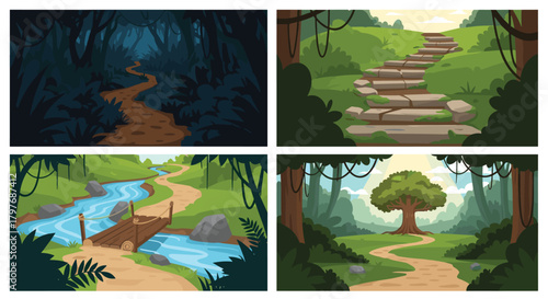 Collection of vibrant cartoon jungle landscapes featuring winding paths, ancient stone steps, a wooden bridge, and a large sunlit tree.
