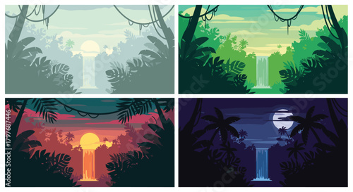 Four pixel art illustrations of a lush jungle waterfall landscape depicted at different times of the day, from misty morning to moonlit night.