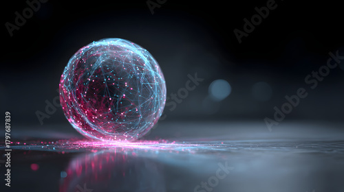Neon Data Sphere Resting on Reflective Surface
