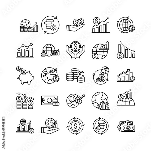 Business economy icon set collection. Containing statistics, increase, transfer, give, marketing, global, loan.Line vector icons collection