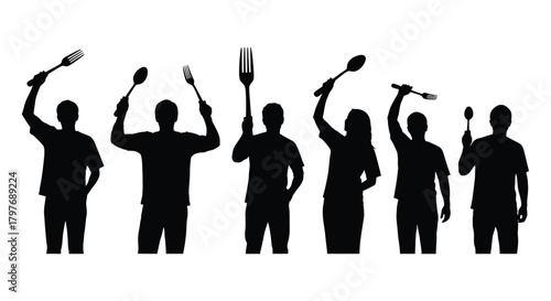 Silhouette people holding cutlery forks and spoons in the air