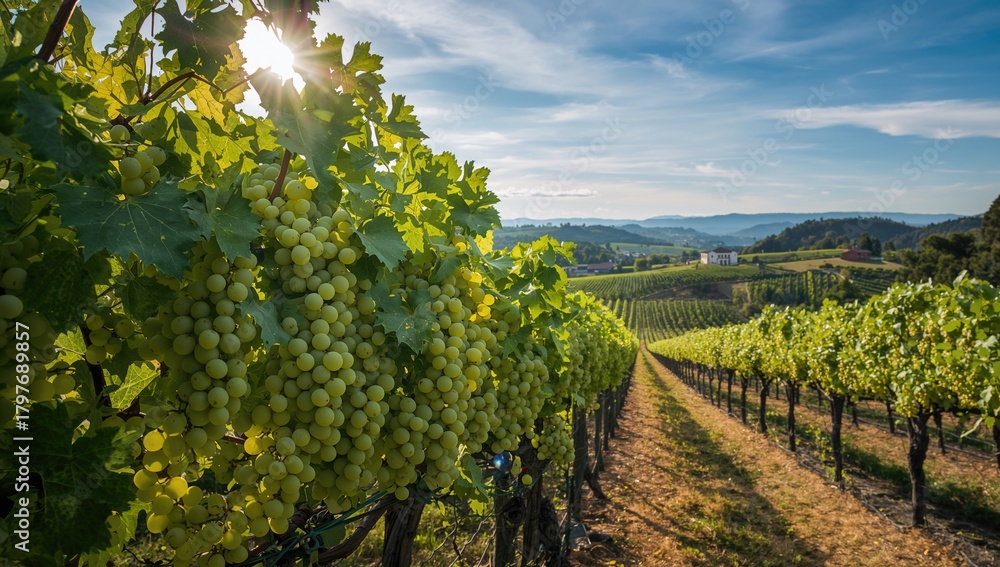 Obraz premium Prosecco white grapes in a vineyard ready for harvest, fiber-dense choice
