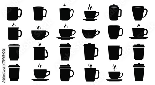 Coffee cups vector set various styles hot drink silhouette design