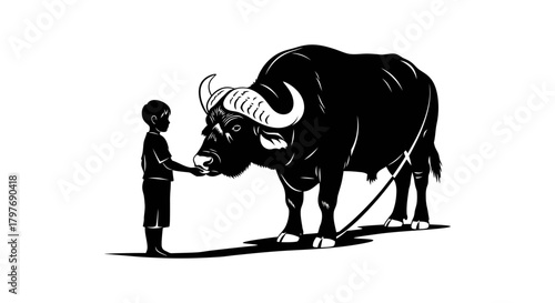 Buffalo and boy illustration black and white vector image